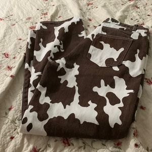 Brown and white cow print pants